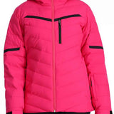 Spyder Ladies Brisk Synthetic Down Jacket - A bright pink jacket with black accents and a zippered chest pocket, worn by a model on a plain background.