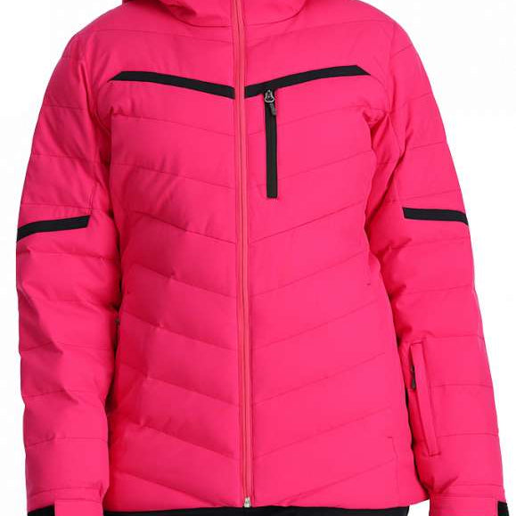 Spyder Ladies Brisk Synthetic Down Jacket - A bright pink jacket with black accents and a zippered chest pocket, worn by a model on a plain background.