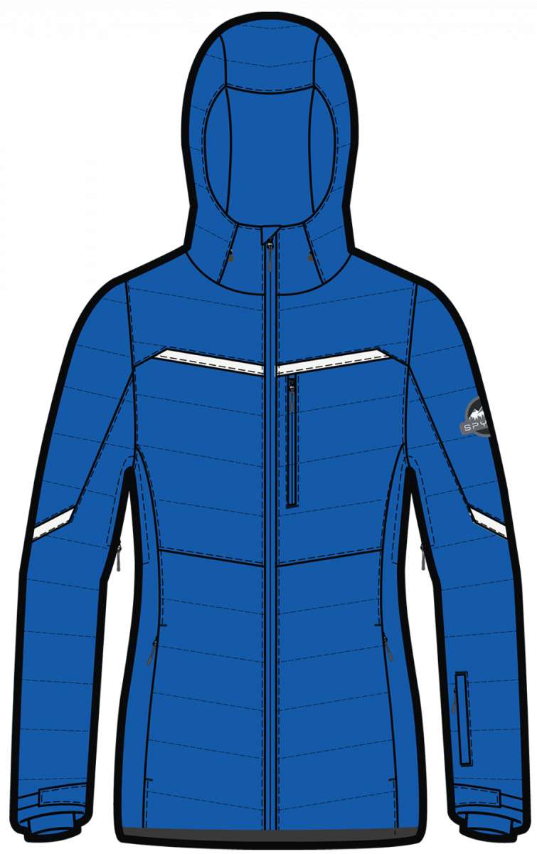 Spyder Ladies Brisk Synthetic Down Jacket 2023 - A royal blue jacket with a white zipper and two zippered pockets on either side.