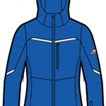 Spyder Ladies Brisk Synthetic Down Jacket 2023 - A royal blue jacket with a white zipper and two zippered pockets on either side.