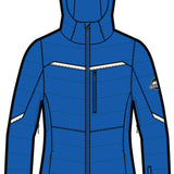 Spyder Ladies Brisk Synthetic Down Jacket 2023 - A royal blue jacket with a white zipper and two zippered pockets on either side.