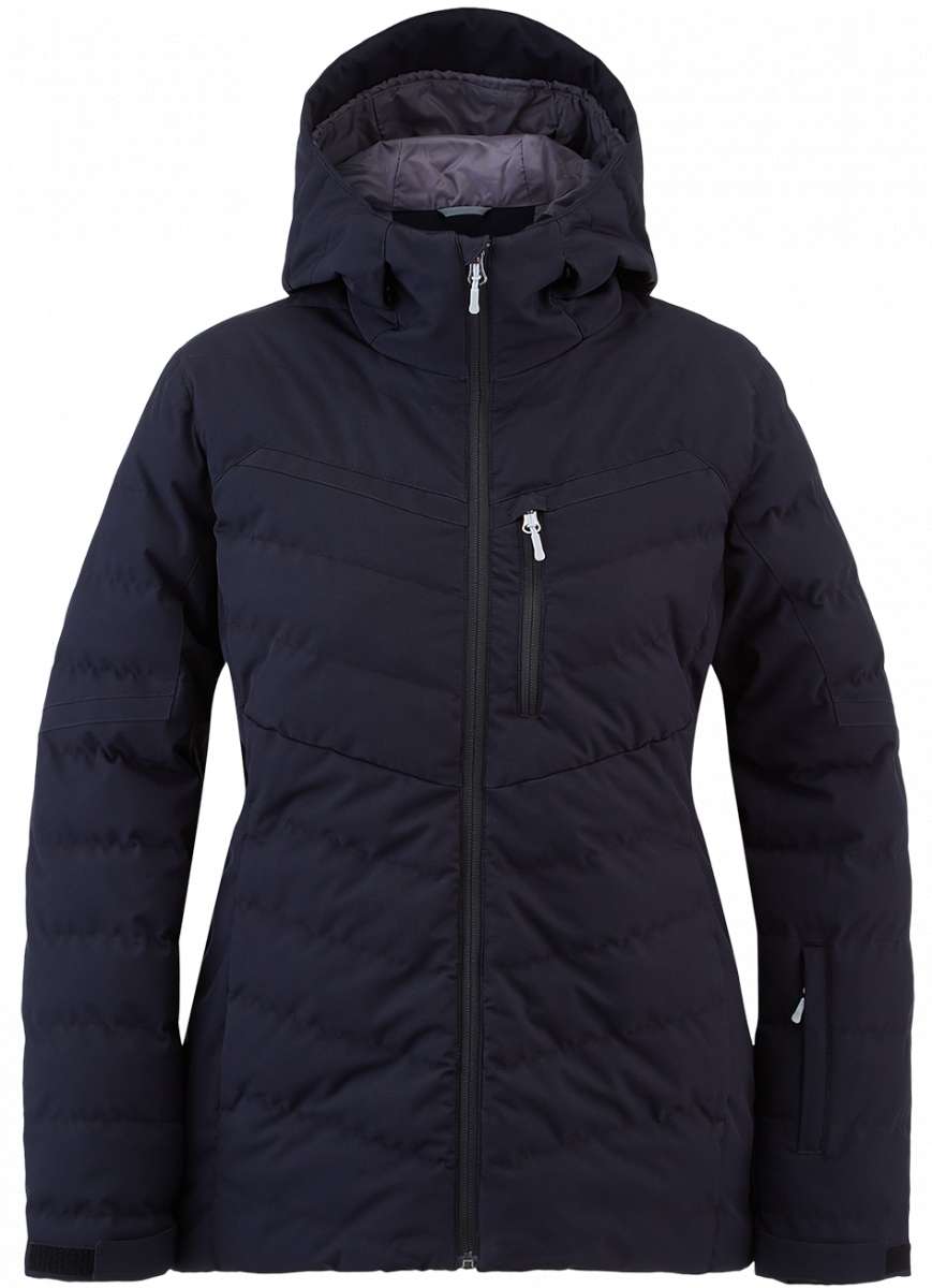 Spyder Ladies Brisk Synthetic Down Jacket 2023 - A black down jacket with a hood, featuring two zippered pockets on the front and a central zipper that extends to the top of the chest.