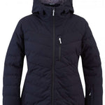 Spyder Ladies Brisk Synthetic Down Jacket 2023 - A black down jacket with a hood, featuring two zippered pockets on the front and a central zipper that extends to the top of the chest.