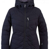 Spyder Ladies Brisk Synthetic Down Jacket 2023 - A black down jacket with a hood, featuring two zippered pockets on the front and a central zipper that extends to the top of the chest.