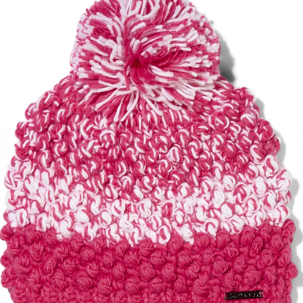 Spyder Ladies Brr Berry Hat 2024 - A pink knit beanie with a pom-pom on top.