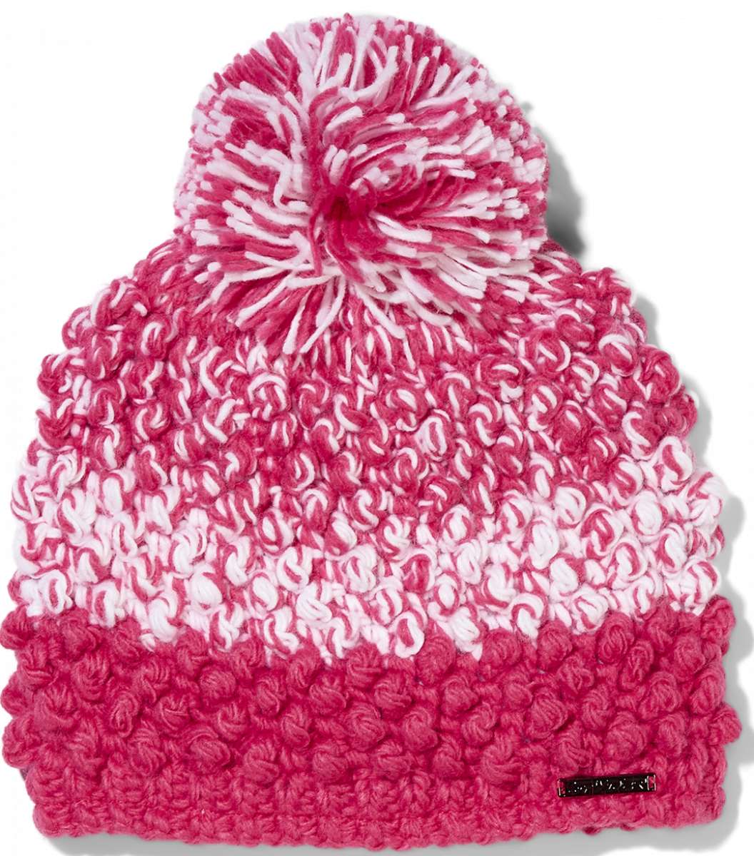 Spyder Ladies Brr Berry Hat 2024 - A pink knit beanie with a pom-pom on top.