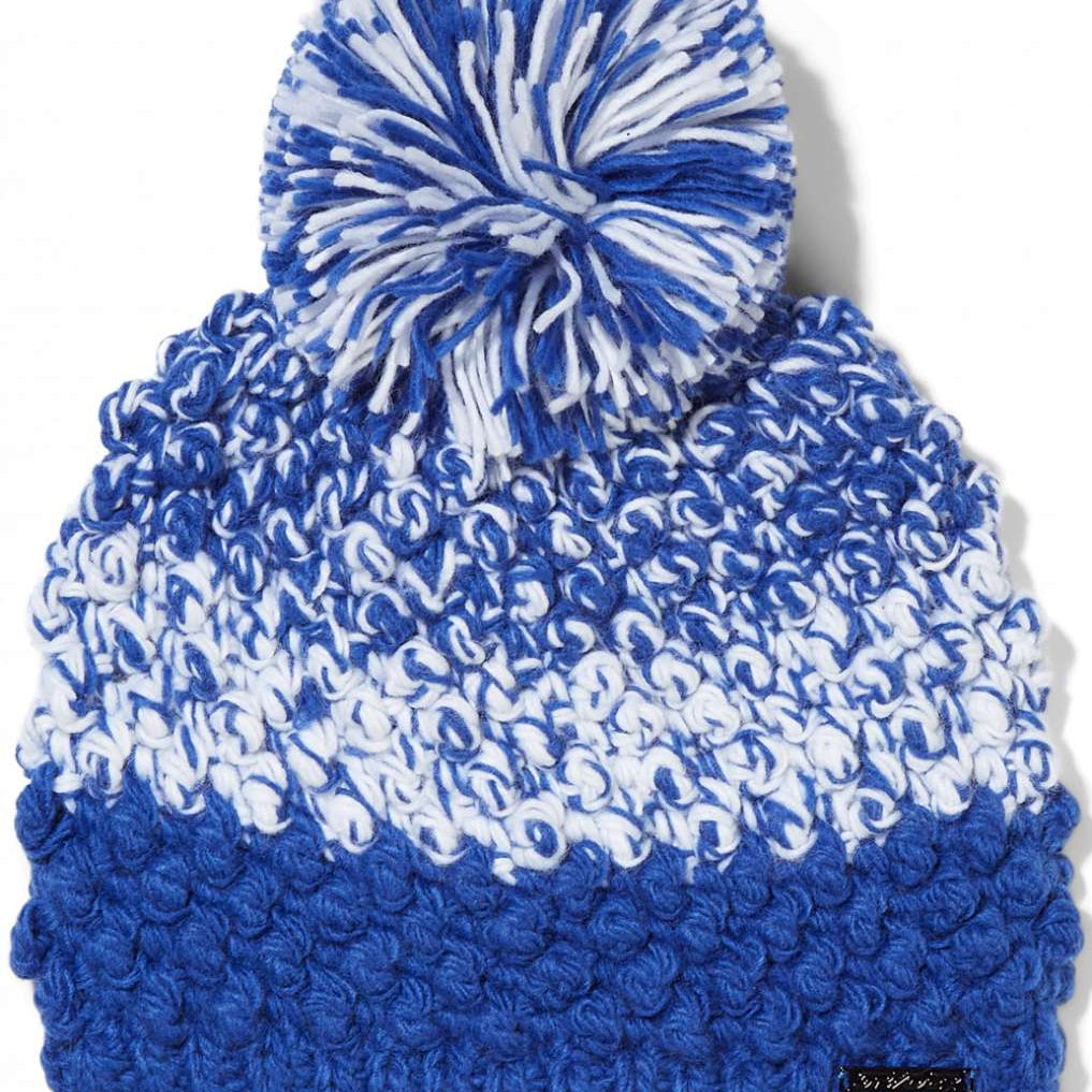 Spyder Ladies Brr Berry Hat 2024 - A royal blue knit beanie with a white berry design on the front and back, featuring a pom-pom on top.
