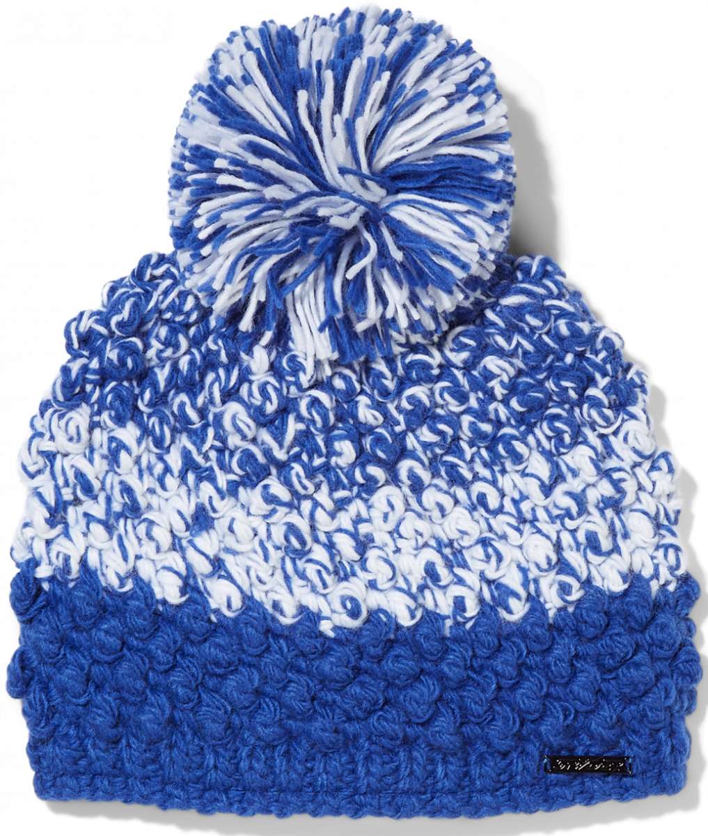 Spyder Ladies Brr Berry Hat 2024 - A royal blue knit beanie with a white berry design on the front and back, featuring a pom-pom on top.