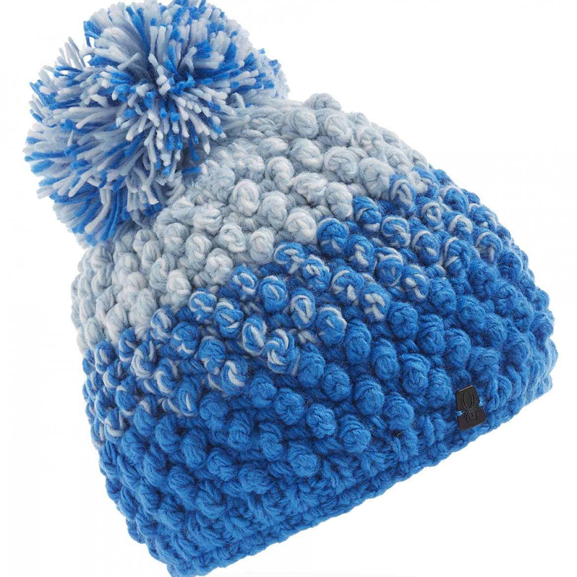 Spyder Ladies Brrr Berry Beanie 2023 - A light blue beanie with a pom-pom on top and a small black logo near the bottom edge.