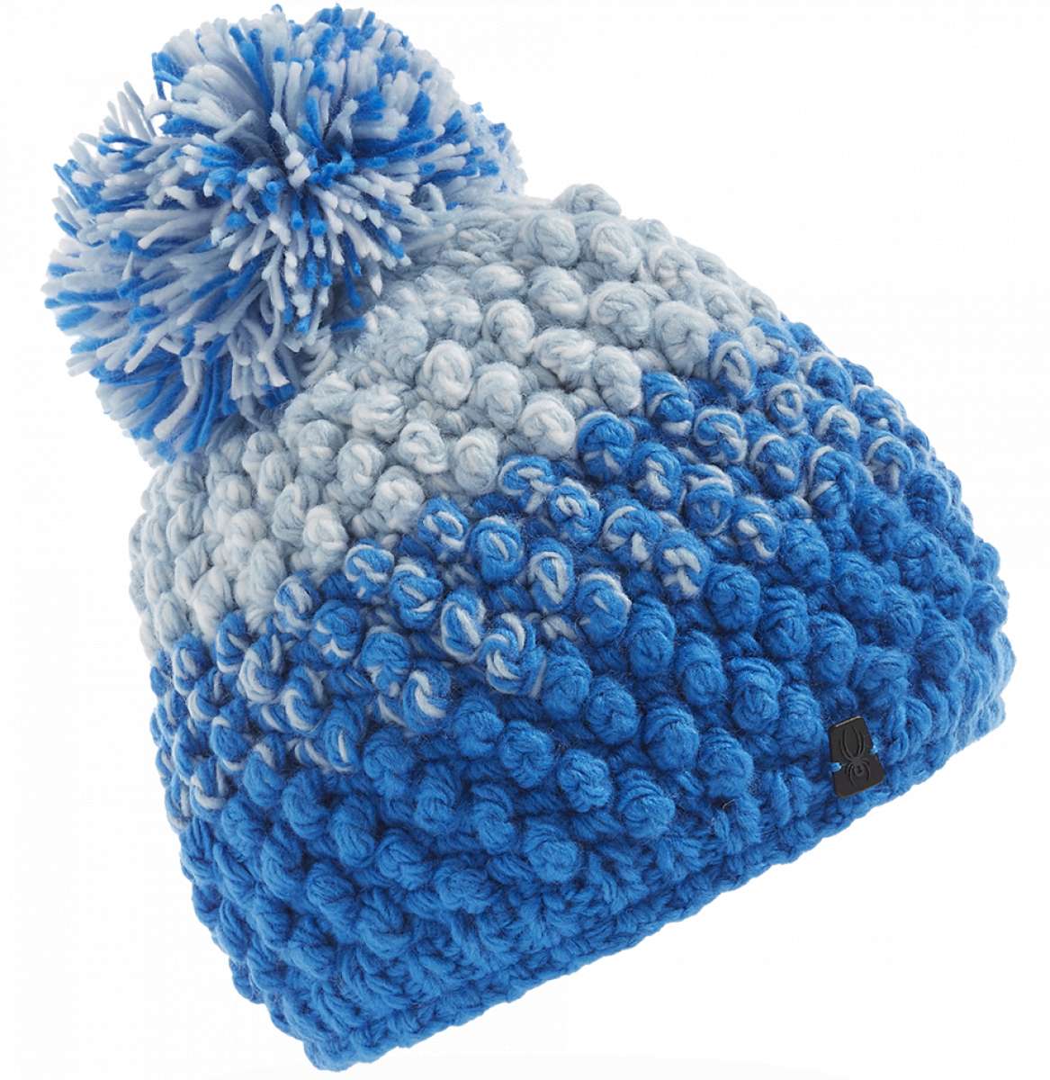 Spyder Ladies Brrr Berry Beanie 2023 - A light blue beanie with a pom-pom on top and a small black logo near the bottom edge.