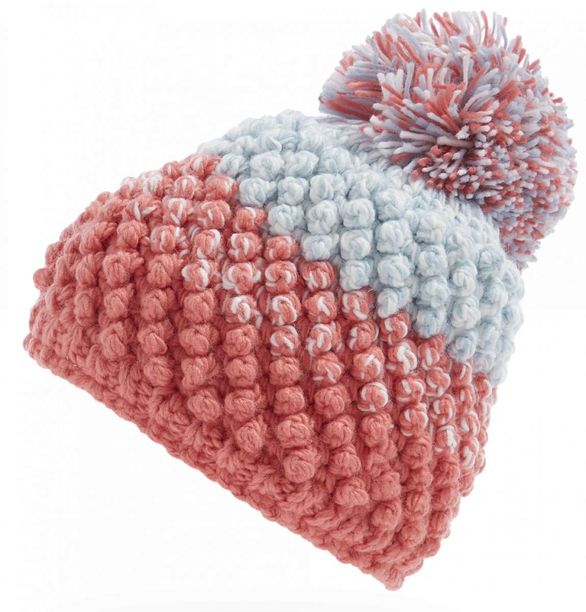 Spyder Ladies Brrr Berry Beanie - A pink beanie with a pom-pom on top, featuring a berry pattern and a folded cuff at the bottom.