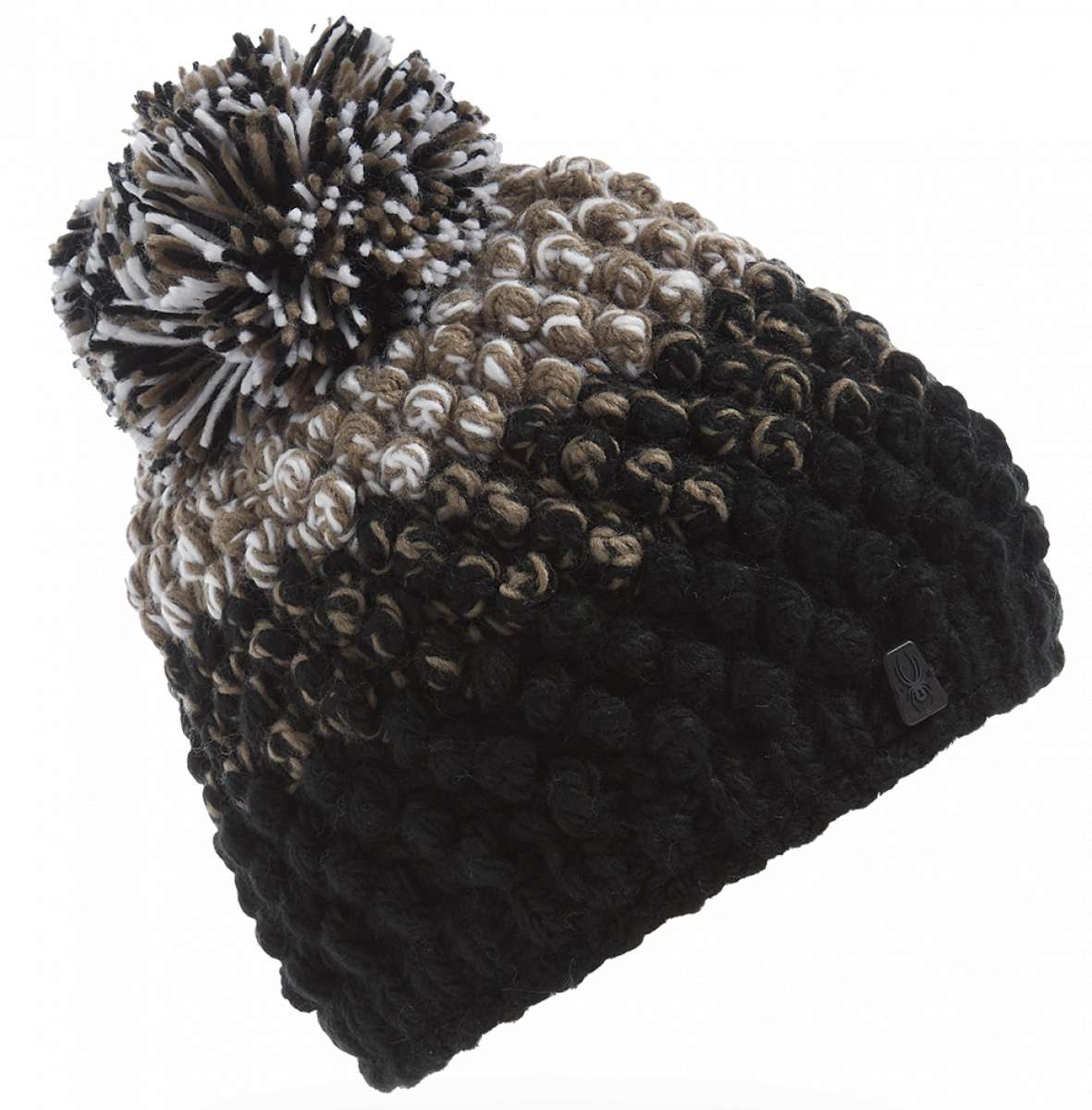 Spyder Ladies Brrr Berry Beanie 2023 - A black beanie with a brown and white marbled pattern on top, featuring a large pom-pom at the tip.