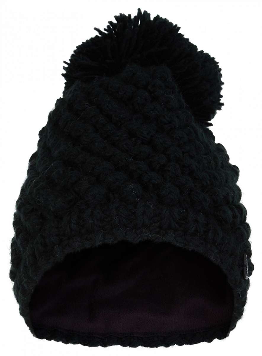 Spyder Ladies Brrr Berry Beanie - A black beanie with a pom-pom on top and a berry-colored interior lining.