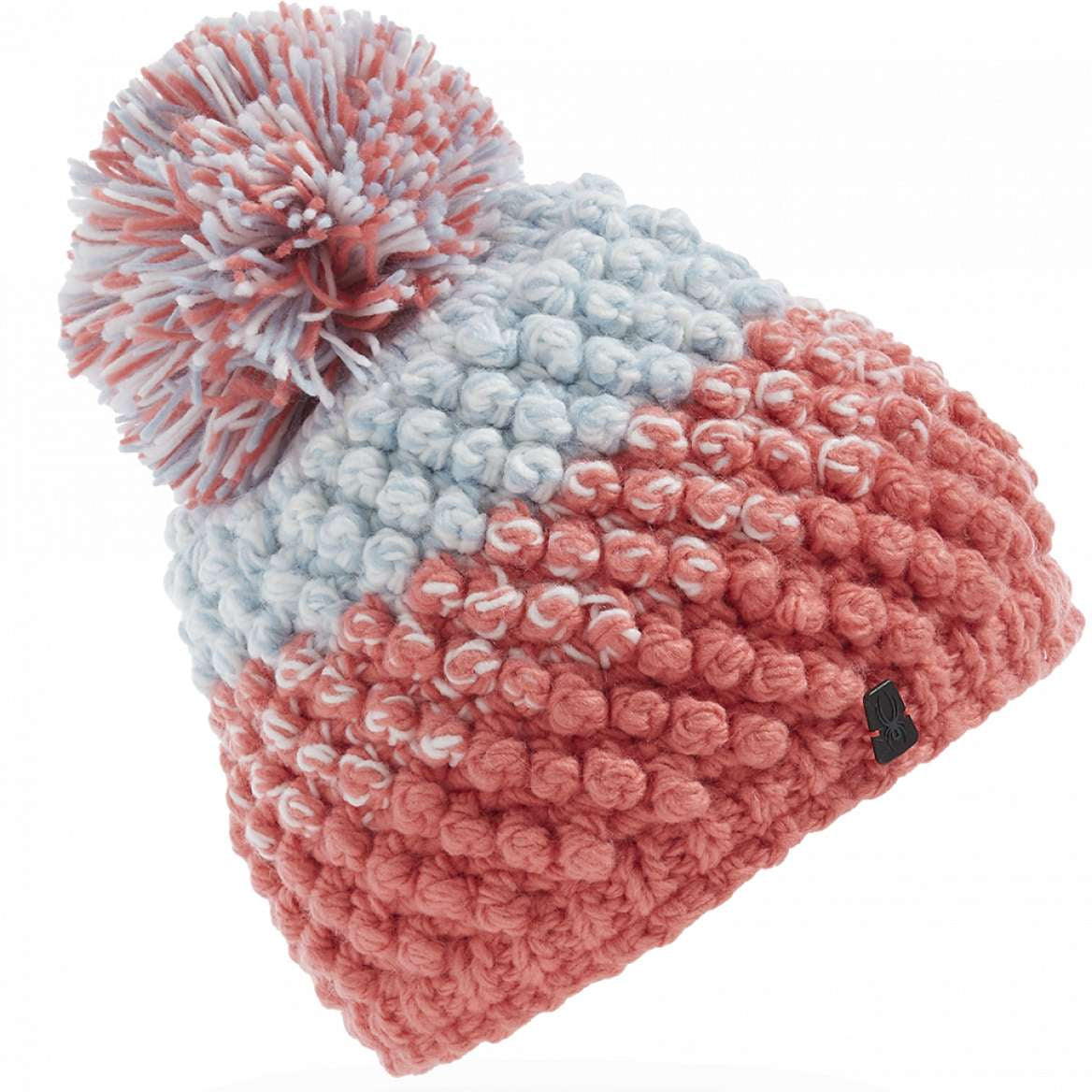 Spyder Ladies Brrr Berry Beanie - A pink beanie with a pom-pom on top, featuring a berry pattern and a white logo on the front.