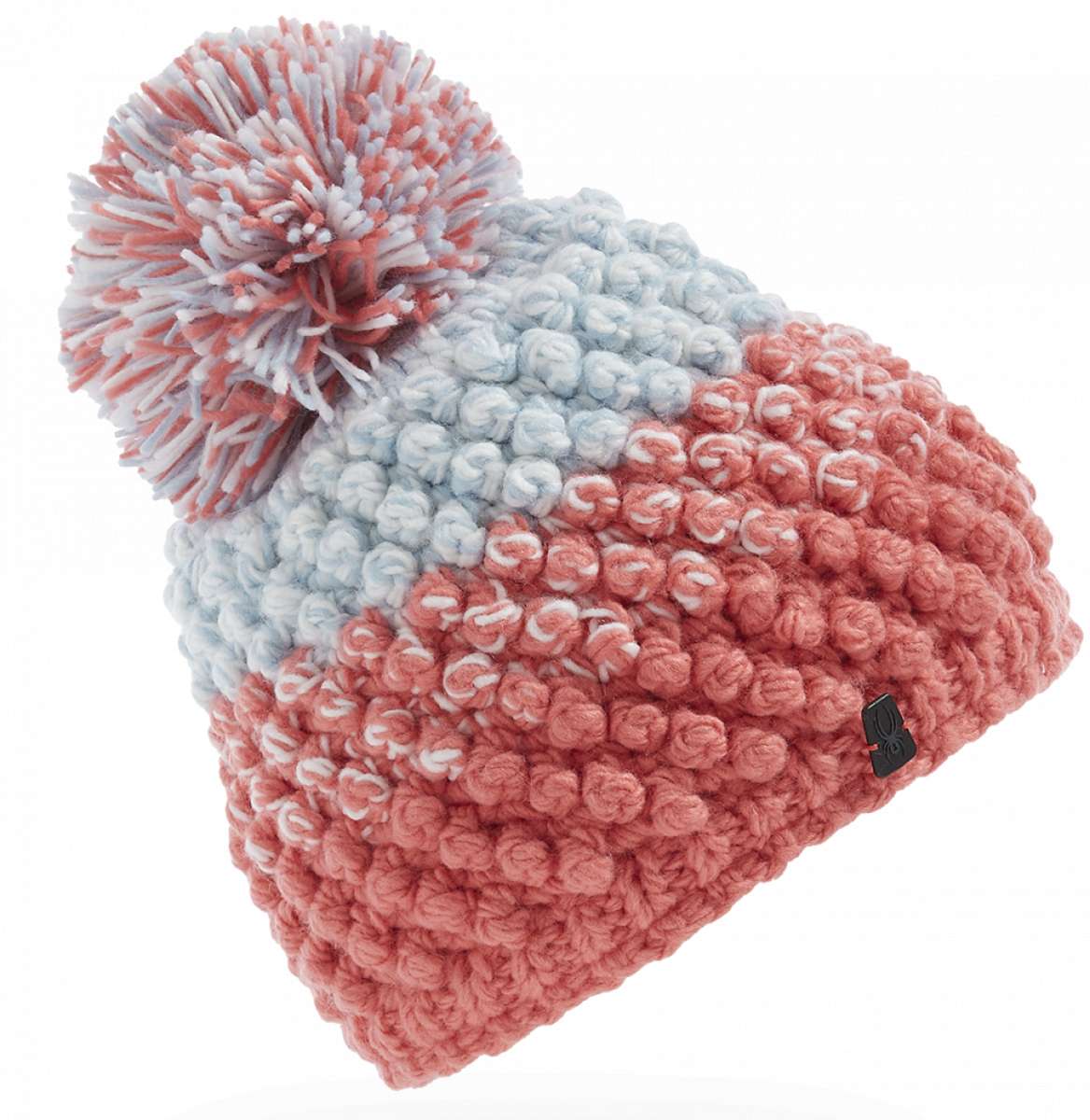 Spyder Ladies Brrr Berry Beanie - A pink beanie with a pom-pom on top, featuring a berry pattern and a white logo on the front.