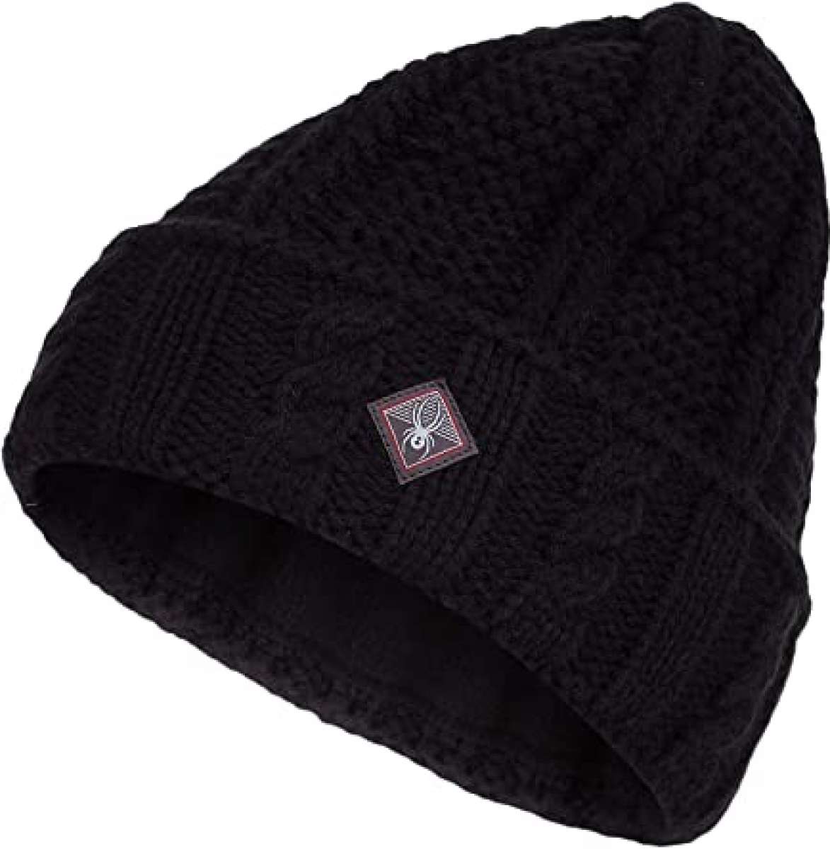 Spyder Ladies Cable Knit Hat 2022 - A black cable-knit beanie with a small embroidered white spider logo on the front.
