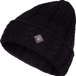 Spyder Ladies Cable Knit Hat 2022 - A black cable-knit beanie with a small embroidered white spider logo on the front.