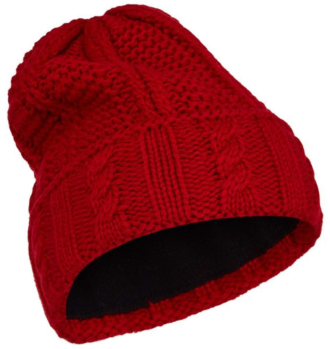 Spyder Ladies Cable Knit Hat 2022 - A red knit hat with a cable-knit pattern and ribbed cuff.