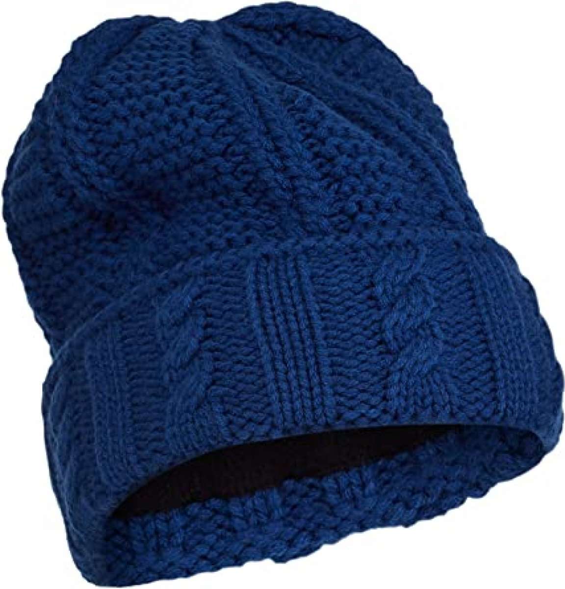 Spyder Ladies Cable Knit Hat 2022 - A navy blue knit hat with a cable-knit pattern and ribbed cuff.