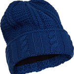Spyder Ladies Cable Knit Hat 2022 - A navy blue knit hat with a cable-knit pattern and ribbed cuff.
