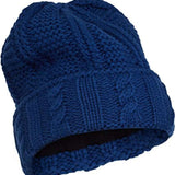 Spyder Ladies Cable Knit Hat 2022 - A navy blue knit hat with a cable-knit pattern and ribbed cuff.
