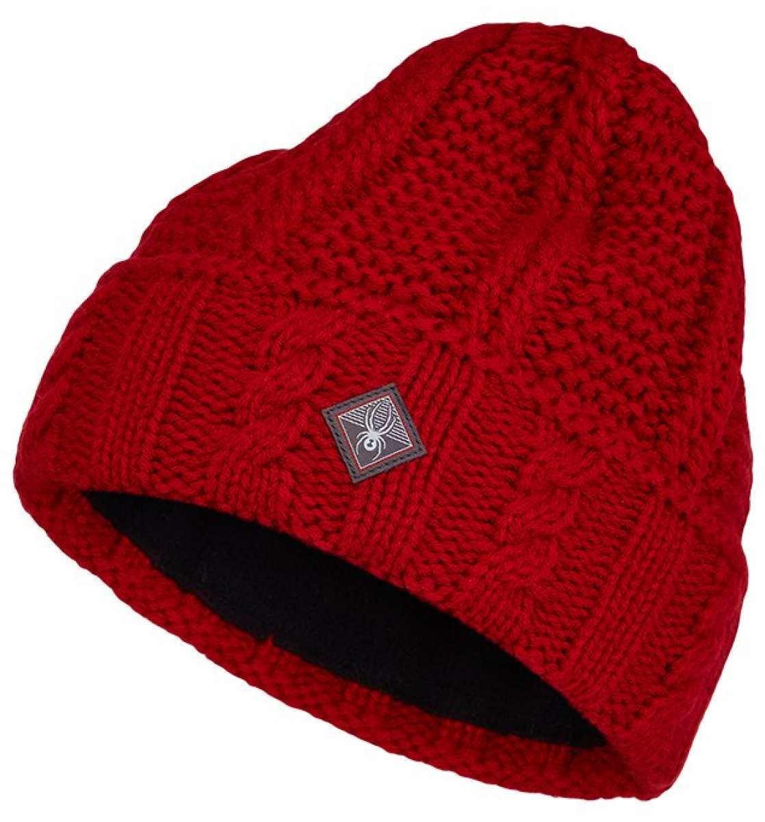 Spyder Ladies Cable Knit Hat 2022 - A red knit hat with a cable pattern and a small Spyder logo on the front.