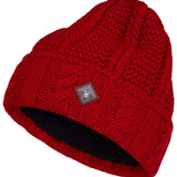 Spyder Ladies Cable Knit Hat 2022 - A red knit hat with a cable pattern and a small Spyder logo on the front.