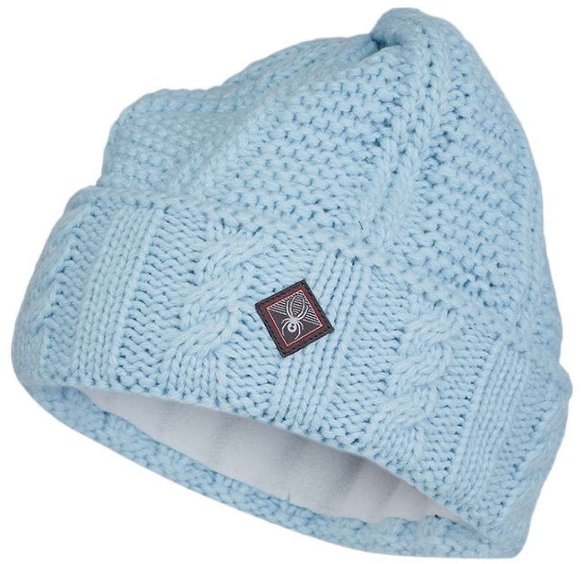 Spyder Ladies Cable Knit Hat 2022 - A light blue knit hat with a cable pattern and a small Spyder logo on the front.
