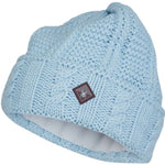 Spyder Ladies Cable Knit Hat 2022 - A light blue knit hat with a cable pattern and a small Spyder logo on the front.