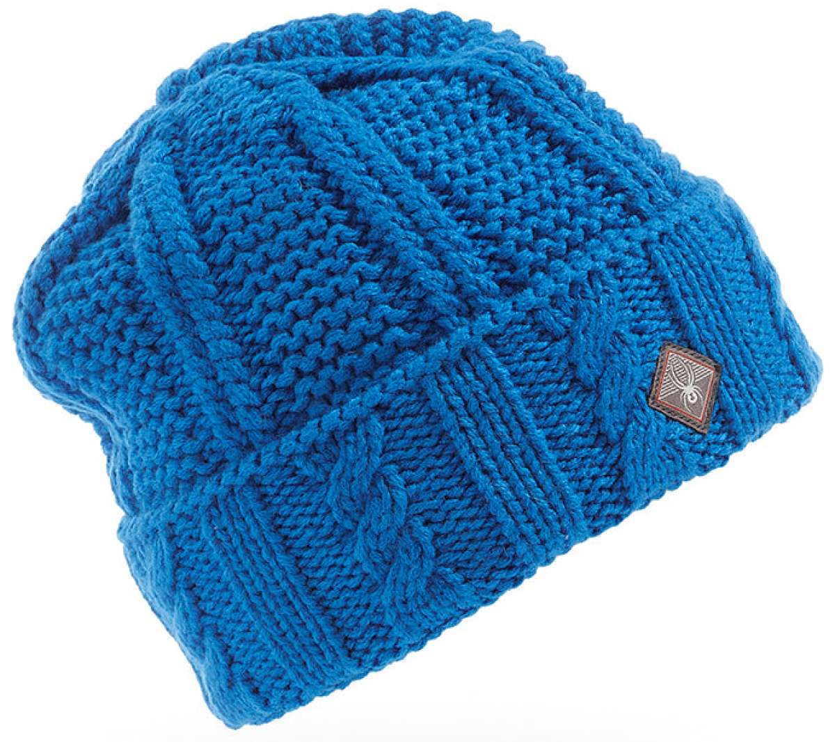 Spyder Ladies Cable Knit Hat 2022 - A blue knit hat with a cable pattern and a brown leather label on the side.