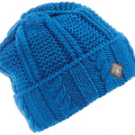 Spyder Ladies Cable Knit Hat 2022 - A blue knit hat with a cable pattern and a brown leather label on the side.