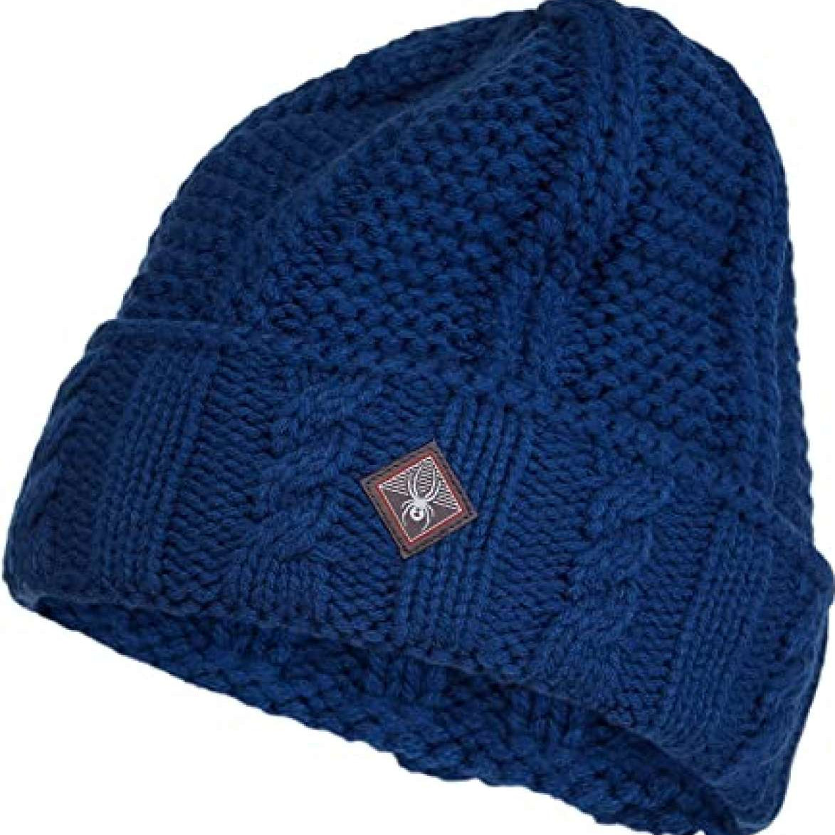 Spyder Ladies Cable Knit Hat 2022 - A navy blue knit hat with a cable pattern and a small Spyder logo on the front.