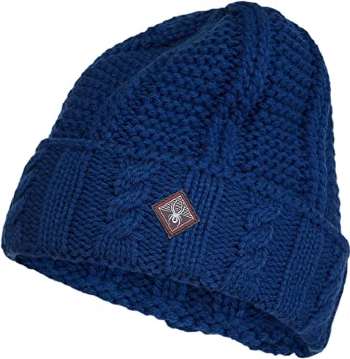 Spyder Ladies Cable Knit Hat 2022 - A navy blue knit hat with a cable pattern and a small Spyder logo on the front.