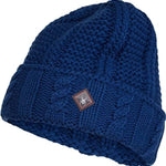 Spyder Ladies Cable Knit Hat 2022 - A navy blue knit hat with a cable pattern and a small Spyder logo on the front.