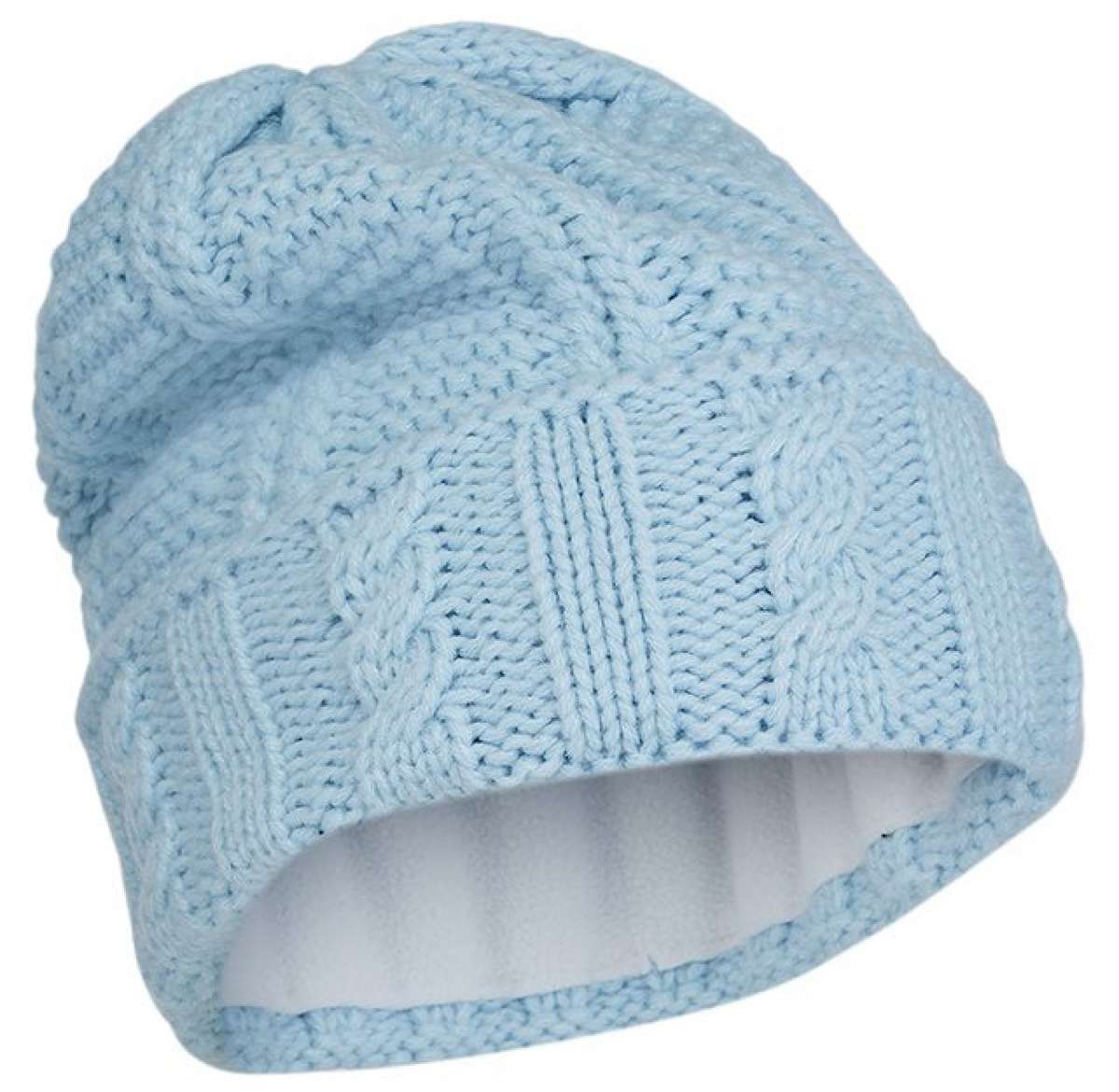 Spyder Ladies Cable Knit Hat - A light blue knit hat with a cable-knit pattern and ribbed cuff, featuring a folded brim.