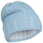 Spyder Ladies Cable Knit Hat - A light blue knit hat with a cable-knit pattern and ribbed cuff, featuring a folded brim.