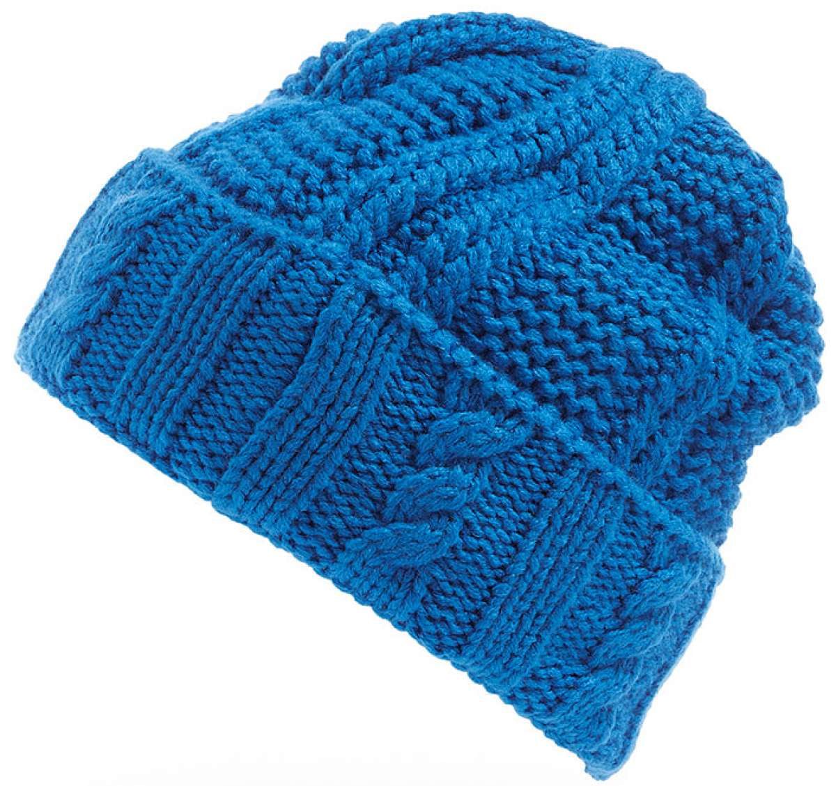 Spyder Ladies Cable Knit Hat 2022 - A blue knit hat with a cable-knit pattern and ribbed cuff.