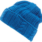 Spyder Ladies Cable Knit Hat 2022 - A blue knit hat with a cable-knit pattern and ribbed cuff.
