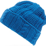 Spyder Ladies Cable Knit Hat 2022 - A blue knit hat with a cable-knit pattern and ribbed cuff.