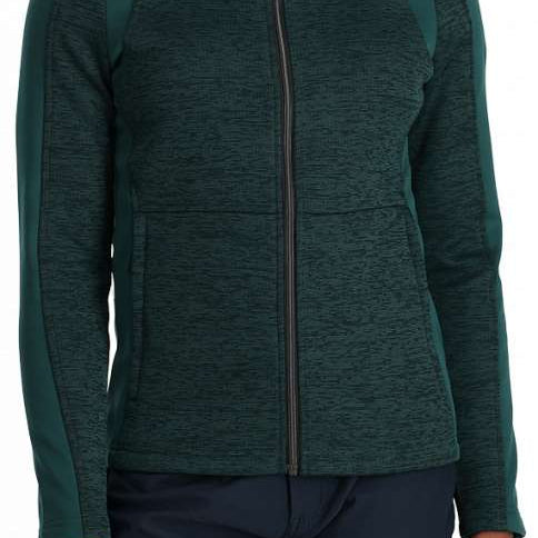 Spyder Ladies Encore Full Zip Fleece Jacket 2024 - A heathered green fleece jacket with a zippered front and two side pockets.