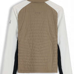 Spyder Ladies Glissade Hybrid Insulated Jacket 2023 - A tan jacket with a high collar and quilted back, featuring a logo on the upper left chest area.