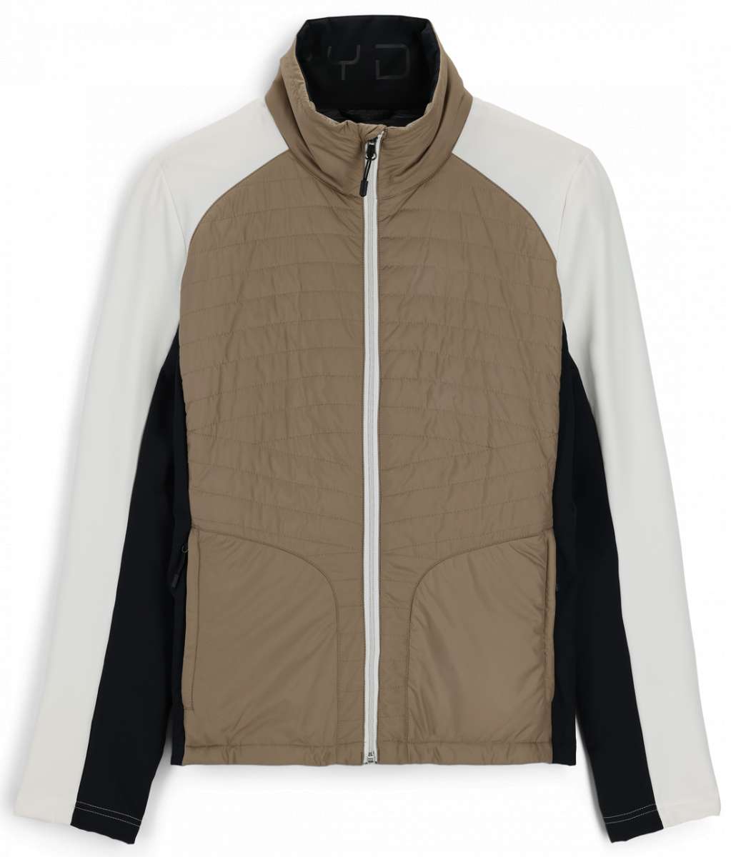 Spyder Ladies Glissade Hybrid Insulated Jacket 2023 - A tan jacket with a black zipper and white accents on the shoulders, collar, and sides.
