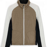 Spyder Ladies Glissade Hybrid Insulated Jacket 2023 - A tan jacket with a black zipper and white accents on the shoulders, collar, and sides.