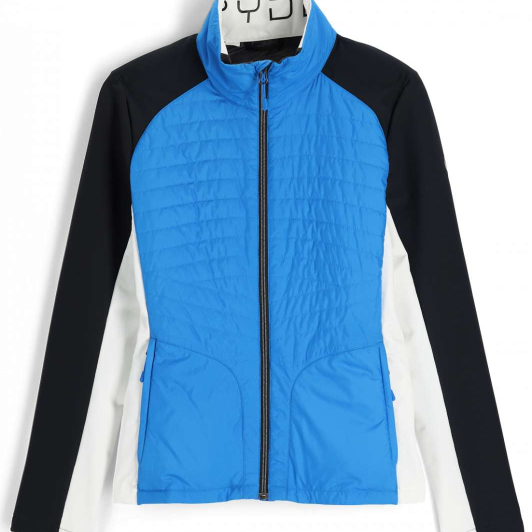 Spyder Ladies Glissade Hybrid Insulated Jacket 2023 - A blue jacket with a black hood and white accents on the sleeves.