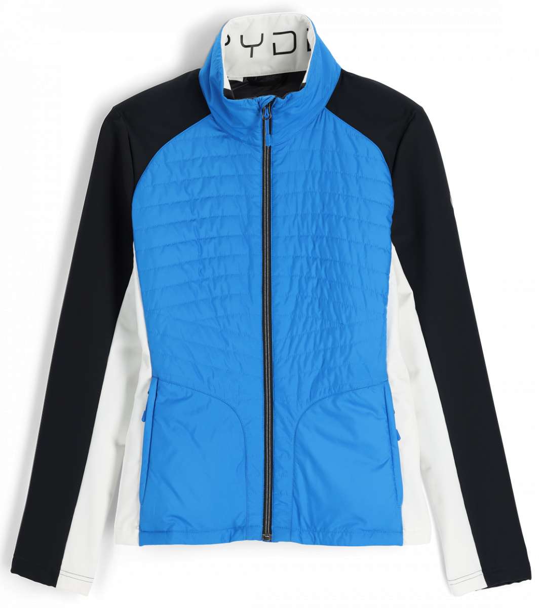 Spyder Ladies Glissade Hybrid Insulated Jacket 2023 - A blue jacket with a black hood and white accents on the sleeves.