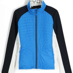 Spyder Ladies Glissade Hybrid Insulated Jacket 2023 - A blue jacket with a black hood and white accents on the sleeves.