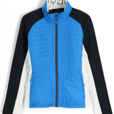 Spyder Ladies Glissade Hybrid Insulated Jacket 2023 - A blue jacket with a black hood and white accents on the sleeves.