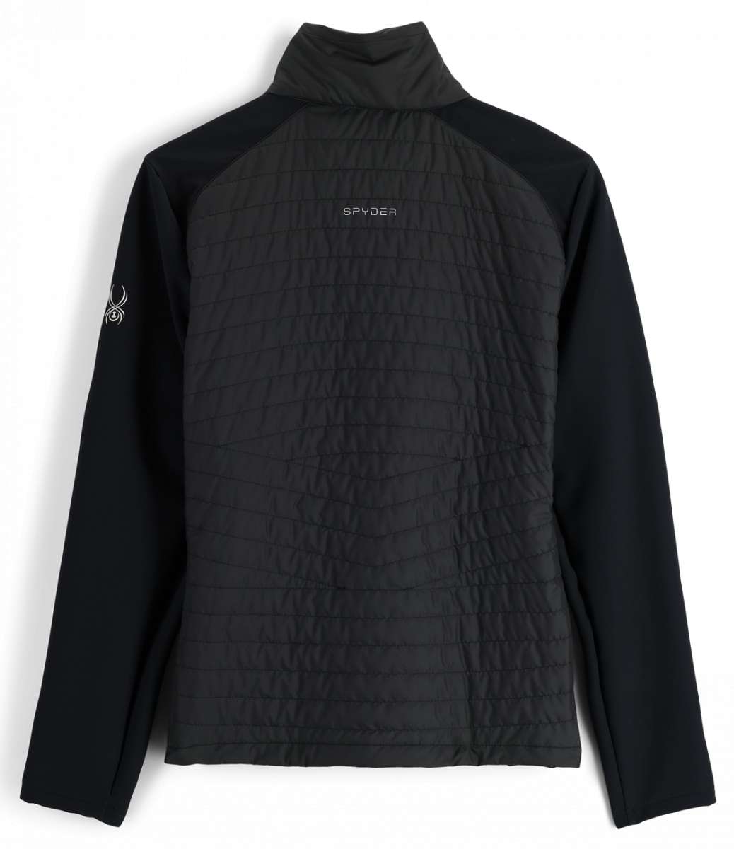 Spyder Ladies Glissade Hybrid Insulated Jacket 2023 - A black jacket with a quilted pattern on the front and back, featuring a high collar and long sleeves.