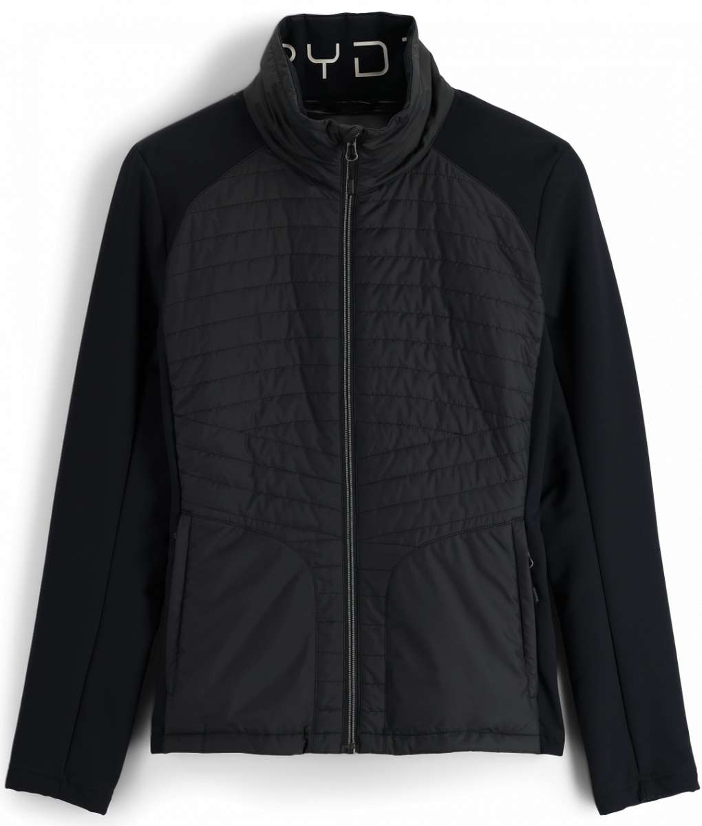 Spyder Ladies Glissade Hybrid Insulated Jacket 2023 - A black jacket with a quilted pattern on the front and back, featuring a zipper down the center.