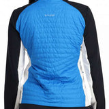 Spyder Ladies Glissade Hybrid Insulated Jacket 2023 - A blue jacket with a high collar and white accents on the sides, worn by a model facing away from the camera.